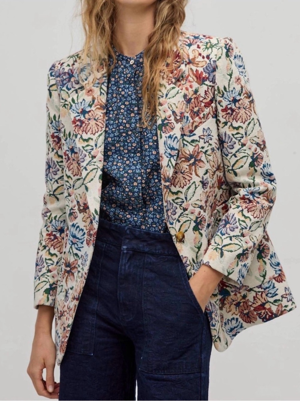 Floral Embroidered Brocade Tapestry Blazer Jacket Cream colorful - Picture 2 of 8
